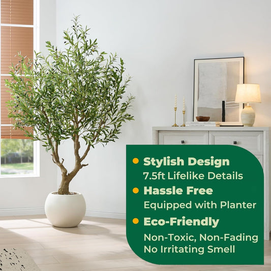 7.5 FT Large Luxury Artificial Olive Tree, Tall Faux Olive Tree with White Pot, Extra Lush Stereoscopic Shape, 5 Minutes Easy Set-up, Realistic Trunks and Lifelike Leaves & Fruits, Home Office Décor