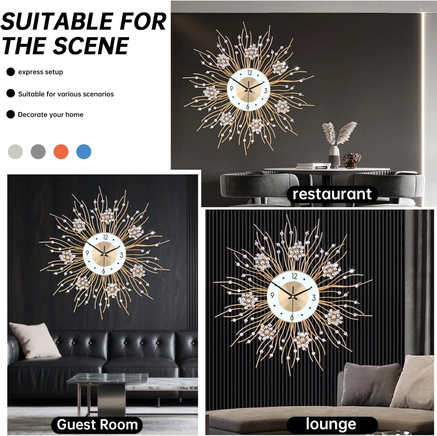SIN&MI Large Wall Clocks, Silent Sunflower Shape Chic Decorative Wall Clock, Modern Non-Ticking Round Clock Dial Iron Metal Wall Clock for Living Room Decor Entrance Office Cafe 20 Inch