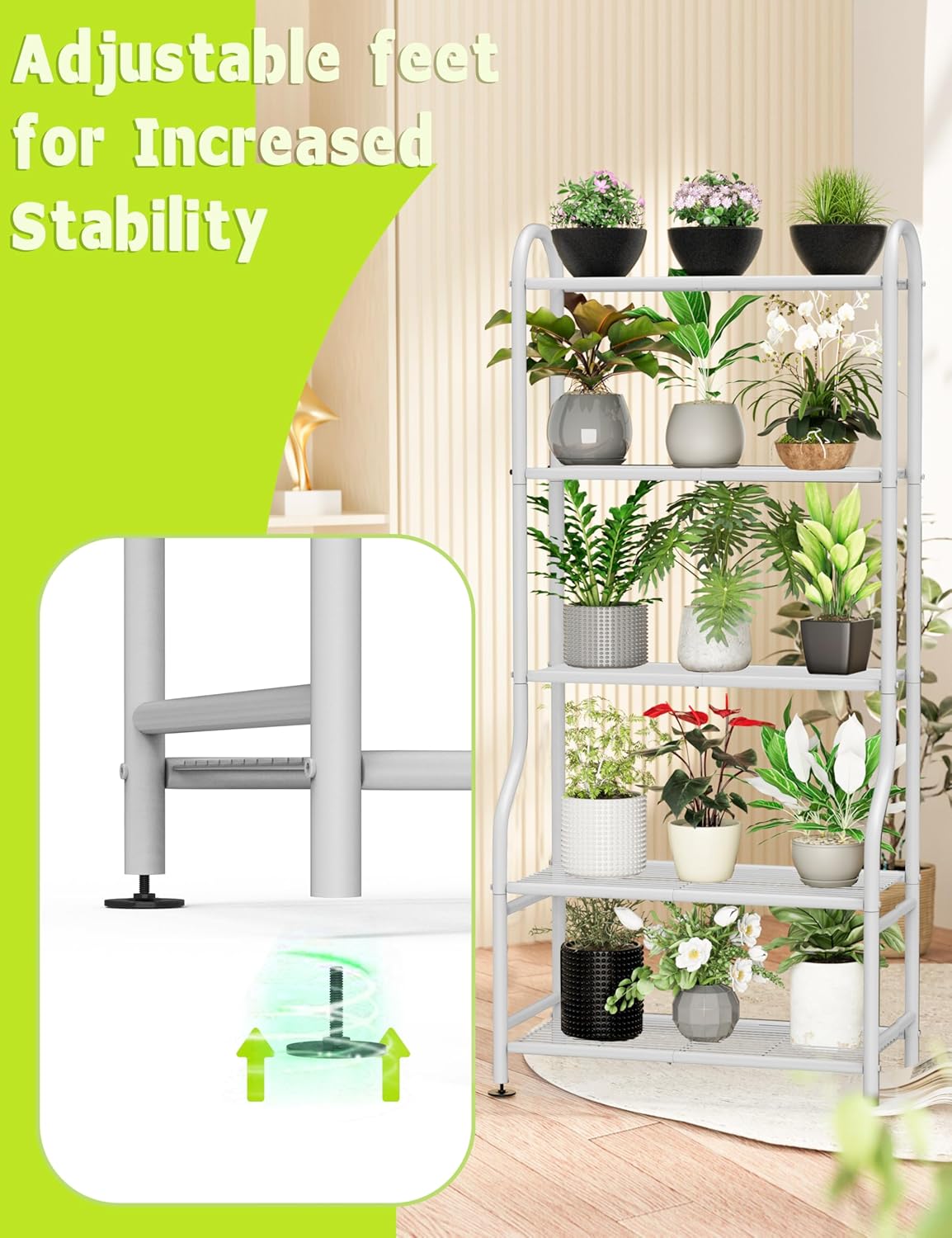 5-Tier Metal Plant Stand - Heavy Duty Indoor Outdoor Flower Shelf for Multiple Pots, 65" Tall Vertical Holder with Adjustable Leveling Feet & Wall-Fixing Kits, Black