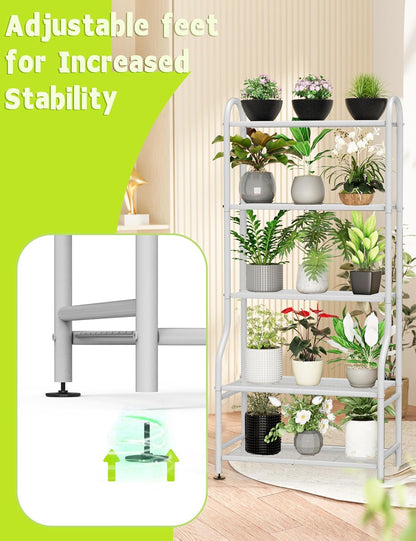 5-Tier Metal Plant Stand - Heavy Duty Indoor Outdoor Flower Shelf for Multiple Pots, 65" Tall Vertical Holder with Adjustable Leveling Feet & Wall-Fixing Kits, Black