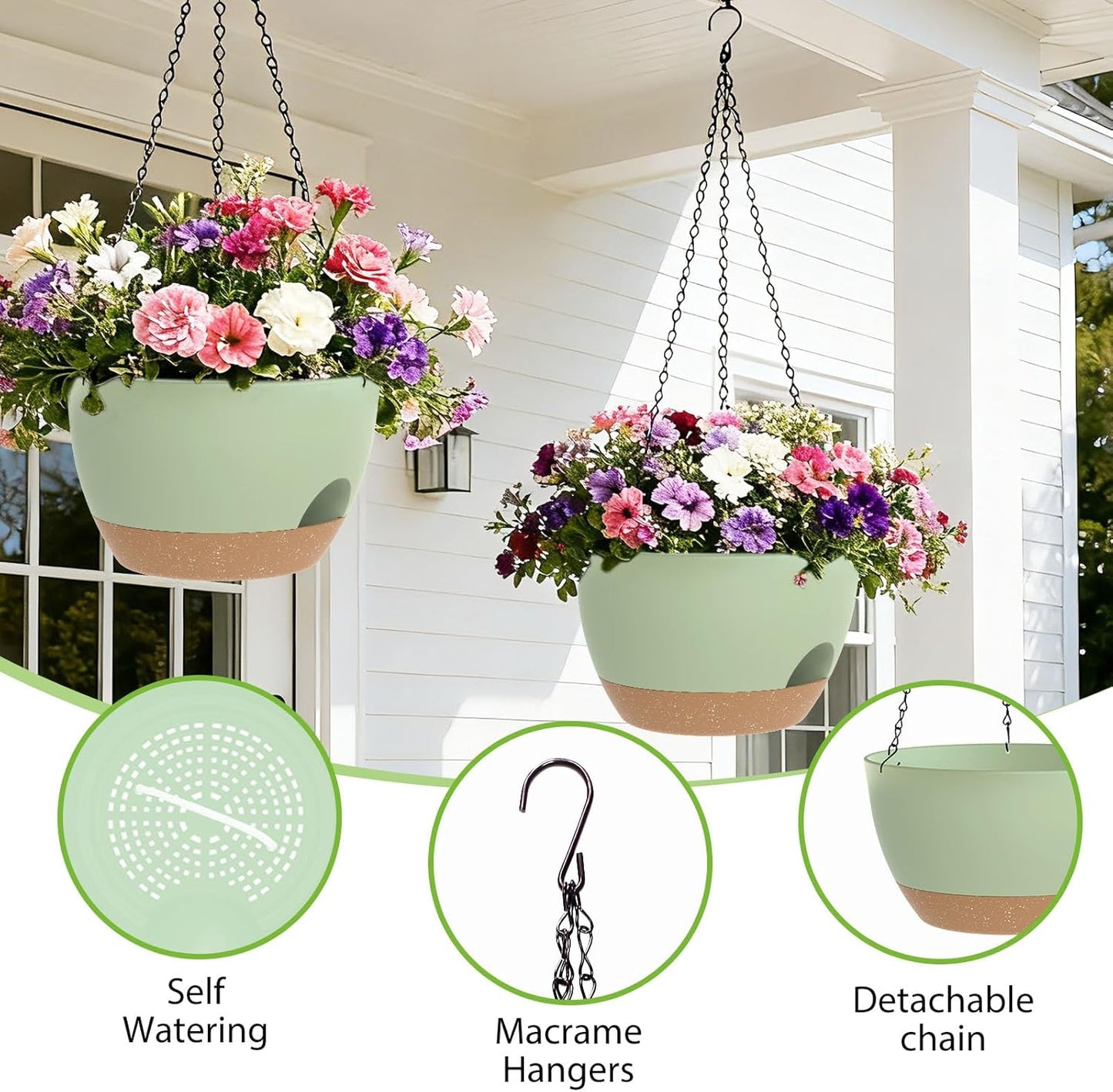 8 Inch Hanging Planters for Indoor Outdoor Plants, 4 Pack Black Plastic Self Watering Hanging Baskets with Drainage Holes and Chain for Garden Porch