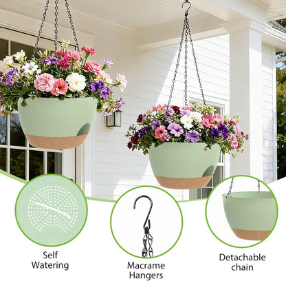 8 Inch Hanging Planters for Indoor Outdoor Plants, 4 Pack Black Plastic Self Watering Hanging Baskets with Drainage Holes and Chain for Garden Porch