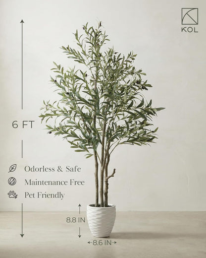 KOL 5.2ft Artificial Olive Tree Indoor, Tall Faux Olive Trees, Fake Olive Tree Floor Plant for Home Office Living Room Decor with Matte Black Pot