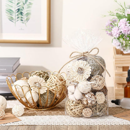 Riceshoot 2 Pack Decorative Balls Potpourri Bowl Filler Decor Natural Vase Bowl Filler Assorted Spherical Rattan Twigs Wicker Balls Cotton for Home Centerpiece(White)