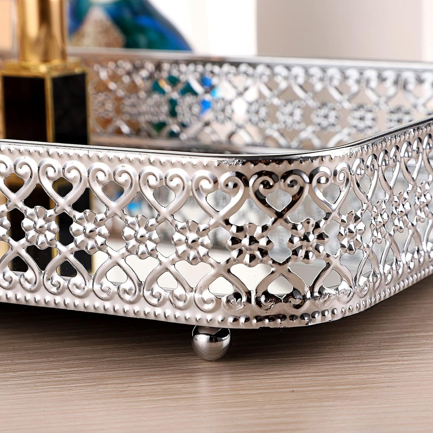 ELLDOO Perfume & Makeup Vanity Tray - Hollow-Carved Jewelry Storage, Glass & Metal Trinket Organizer for Dresser & Bathroom Countertop, Gold, Medium Size