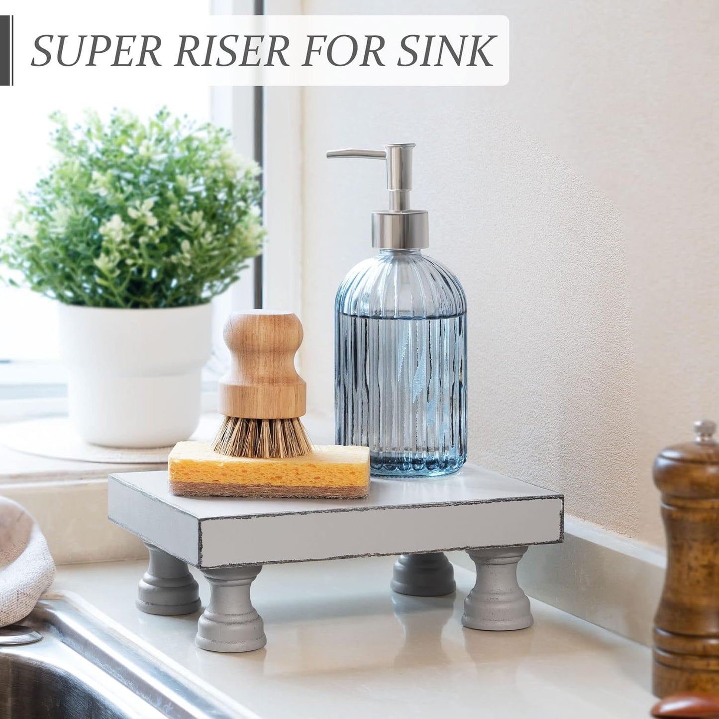 EOSAHR Farmhouse Riser for Room Decor : Decorative Pedestal Stand For Display Your Home Decorations and Uniquely Soap Stand - Rustic Bathroom Counter Tray and Kitchen Decor (Natural Wood)