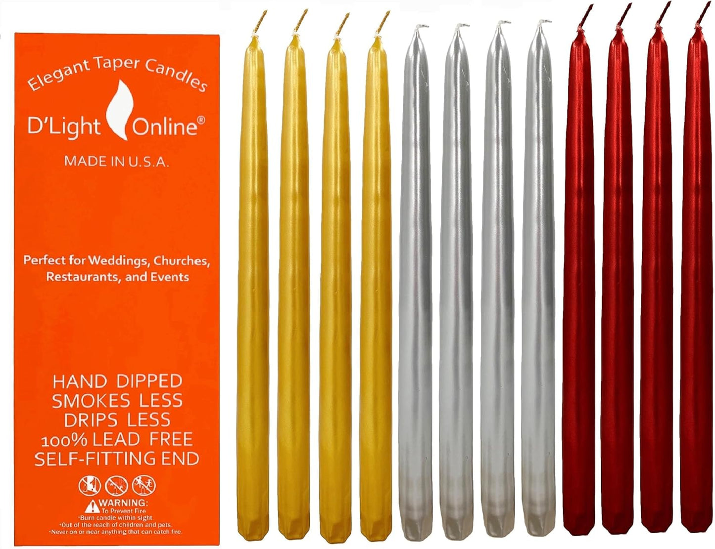D'light Online White Taper Candles, 10 Inch Premium Quality Candles Hand-Dipped Tapered Candles, Dripless, Smokeless and Unwrapped Bulk Pack for Events - Set of 12 (10 Inch, White)