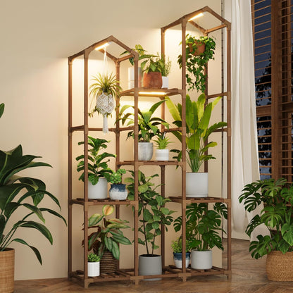 Bamworld Plant Stand Indoor with Grow Lights Wood Plant Shelf for Hanging Planter Pots Display Flower Stand for Living Room Patio Garden Decor