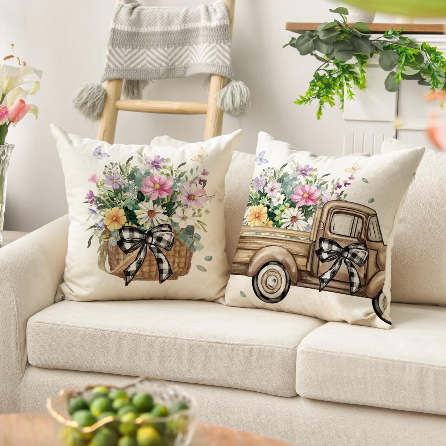 AVOIN colorlife Bless Our Home Farmhouse Eucalyptus Leaves Throw Pillow Covers, 18 x 18 Inch Truck Home Sweet Home Cushion Case Decorations Set of 4