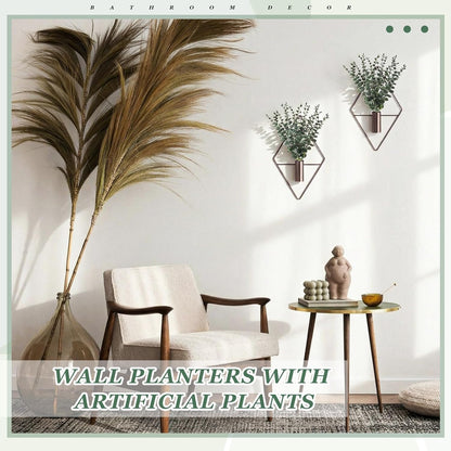 Jexine 4 Pcs Hanging Planters with Artificial Eucalyptus Metal Hanging Vase Indoor Plants Holder Modern Geometric Boho Bathroom Wall Decor for Living Room Home Office(Black)