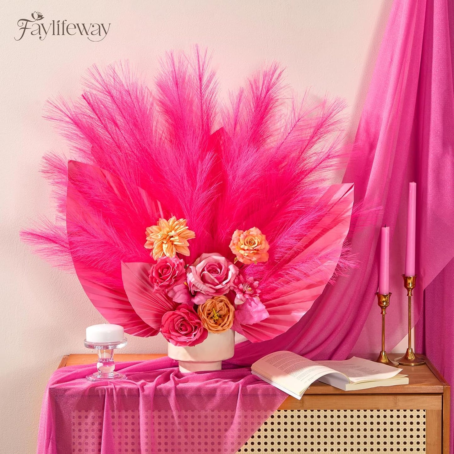 50pcs Pampas Grass 17in for Living Room Decor, Blush Pink Pampas Grass Decor, Fluffy Pink Flowers for Home Birthday Bathroom Baby Shower Wall Bow Decor(Blush & Cream & Pink)