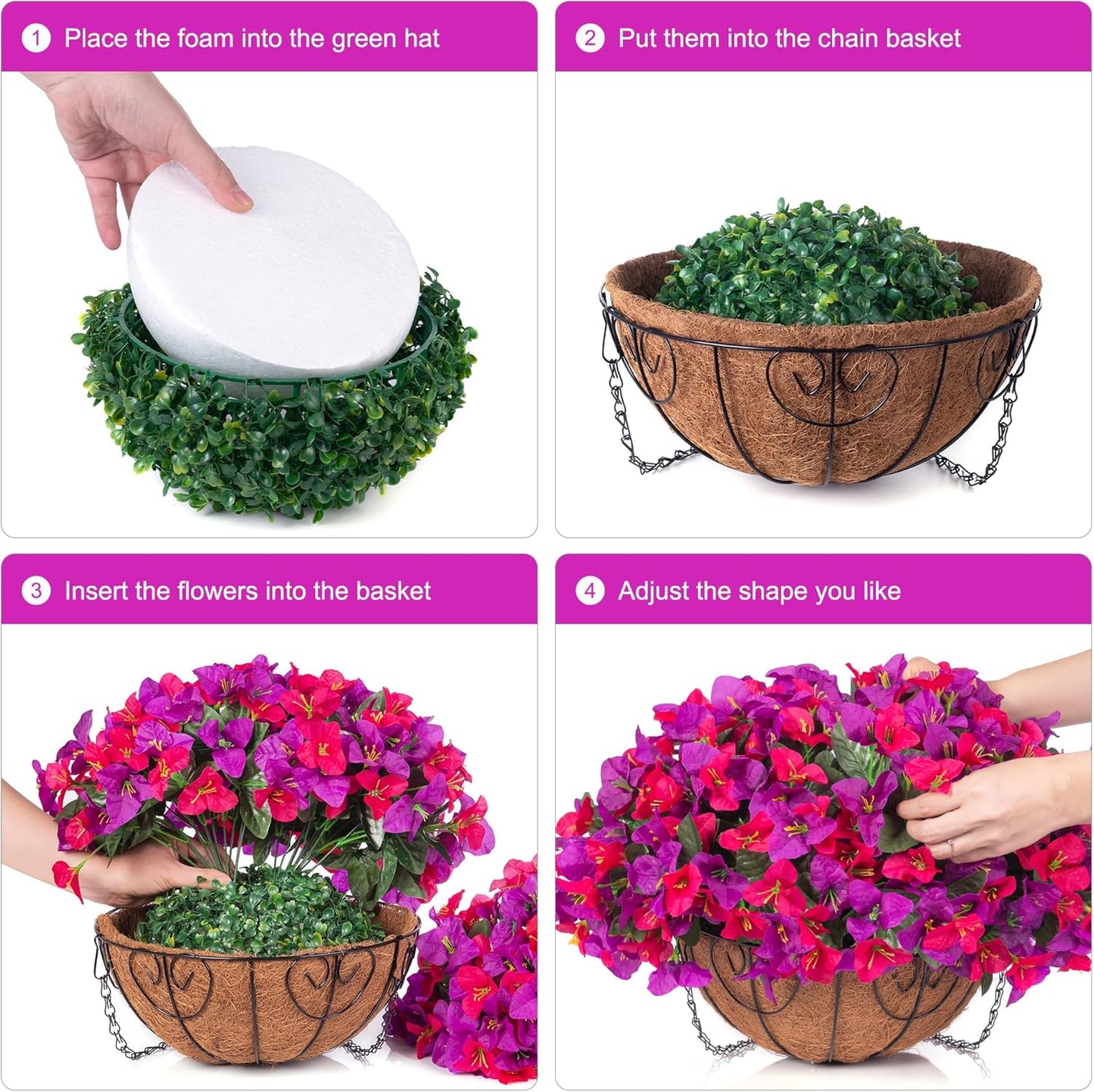 Artificial Hanging Flowers Faux Plants Basket for Outdoors Spring Summer Decor, Fake Silk Bougainvillea in Planter Outdoor Look Real UV Resistant Faux Flower for Outside Porch Patio Garden Home, White