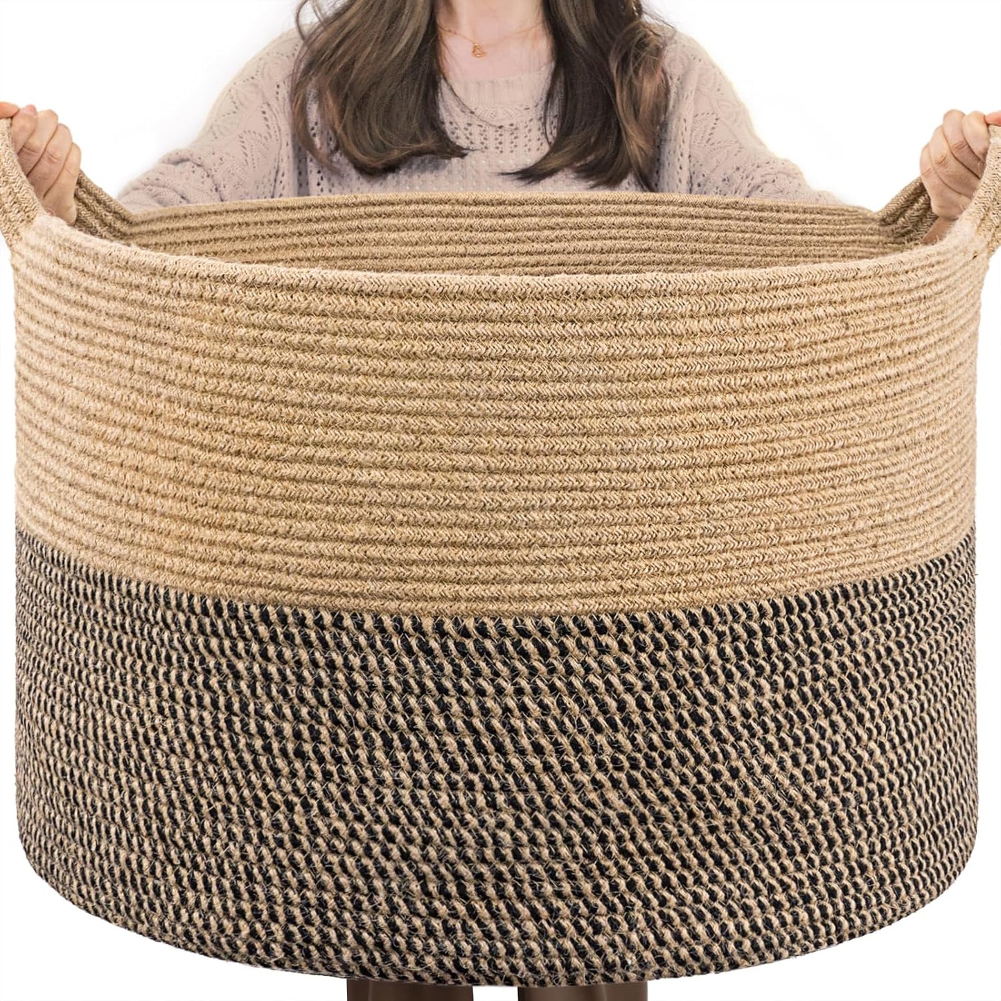INDRESSME XXXLarge Blanket Basket for Living Room 21.7" x 21.7" x 13.8"-Storage Basket with Handle for Organizing Toy Pillows Woven Cotton Rope Laundry Basket Stuffed Animal Toy Storage for Play Room