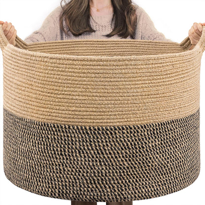 INDRESSME XXXLarge Blanket Basket for Living Room 21.7" x 21.7" x 13.8"-Storage Basket with Handle for Organizing Toy Pillows Woven Cotton Rope Laundry Basket Stuffed Animal Toy Storage for Play Room
