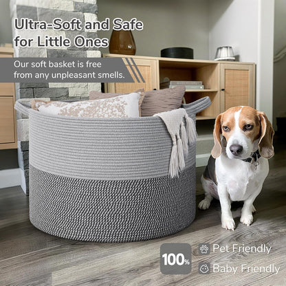 INDRESSME XXXLarge Blanket Basket for Living Room 21.7" x 21.7" x 13.8"-Storage Basket with Handle for Organizing Toy Pillows Woven Cotton Rope Laundry Basket Stuffed Animal Toy Storage for Play Room