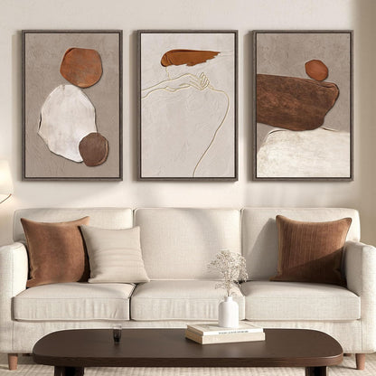 Large Framed Neutral Abstract Wall Art for Living Room, 3 Piece Modern Canvas Prints Paintings Artwork for Walls, Black and Beige Pictures for Living Room Hallway Stair Office Wall Decor 24x36 Inch