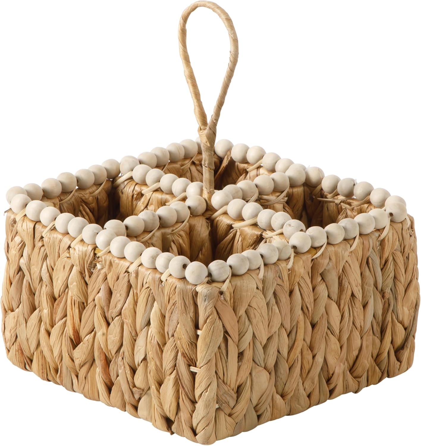 Gibson Home Riverrun Grove 17" Woven Decorative Serving Tray – Large Natural Water Hyacinth Basket w/Wood-Bead Trim & Handles for Coffee Table Décor, Ottomans, Centerpieces & Kitchen Counter Display