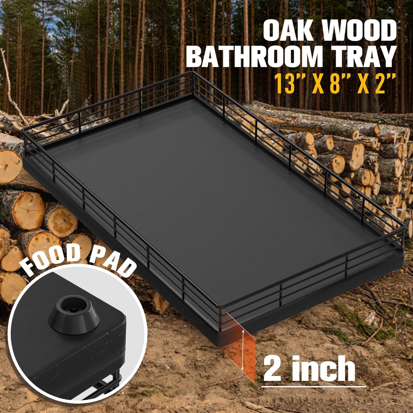 Bathroom Vanity Tray for Countertop, 12" x 6" Acacia Wood Toilet Tank Tray with Metal Guardrail, Bathroom Organizer for Soap, Perfume & Skincare, Non-Slip Decorative Tray for Dresser, Black & Acacia