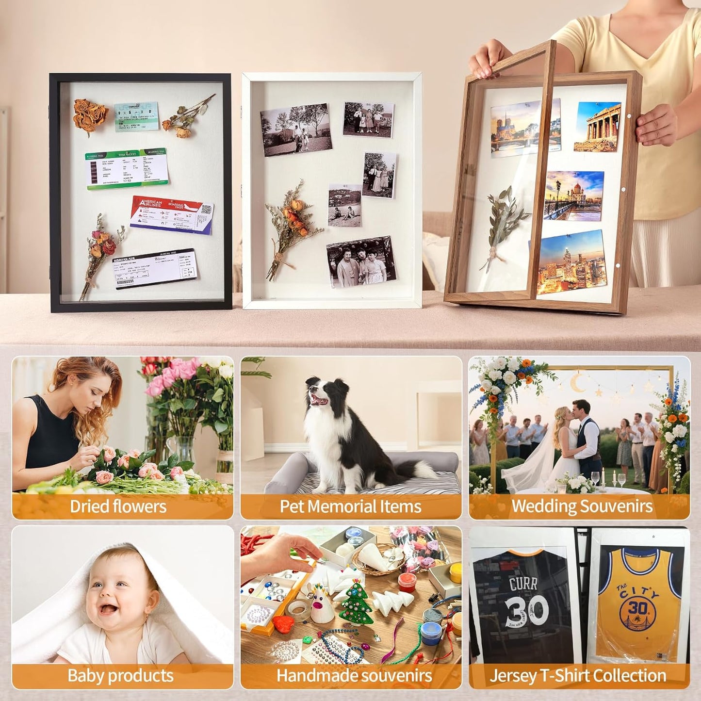 8x10 Deep Shadow Box Picture Frame Display Case with Linen Back and Stand,Real Glass Black Shadow Memory Box Frame 8x10 for Flower Baby Pet Wedding Photo Art Craft Memorial Wall Decor Gift