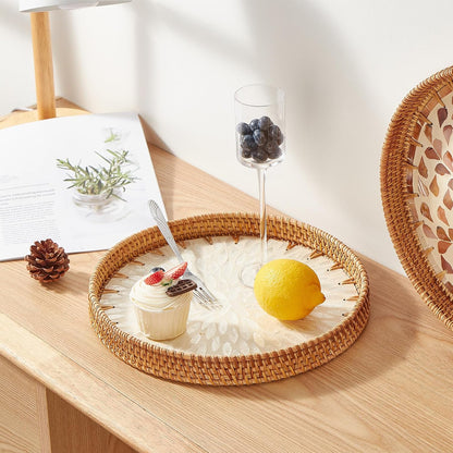 Round Rattan Tray with Mother of Pearl Inlay, Rattan Serving Tray with Wooden Base, Decorative Wicker Basket for Table Decor, Storage and Display of Coffee Bread Food Fruit (Leaf)