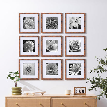 eletecpro 12x12 Picture Frames Set of 9 with Clear Acrylic Cover, Display 8x8 Photos with Mat or 12x12 Without, Classic and Sturdy Square Collage Gallery Wall Decor, Easy Wall Mount, Black