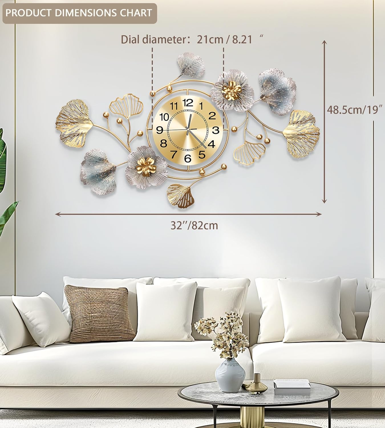 Clocks for Living Room, Large Wall Clock, 3D Silent Wall Clock, Retro Metal Ginkgo Leaf Design, for Bedroom Kitchen Decorative Wall Clocks（32''x18'' ）