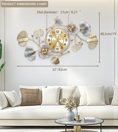 Clocks for Living Room, Large Wall Clock, 3D Silent Wall Clock, Retro Metal Ginkgo Leaf Design, for Bedroom Kitchen Decorative Wall Clocks（32''x18'' ）