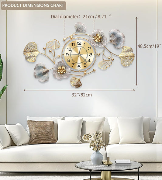 Clocks for Living Room, Large Wall Clock, 3D Silent Wall Clock, Retro Metal Ginkgo Leaf Design, for Bedroom Kitchen Decorative Wall Clocks（32''x18'' ）