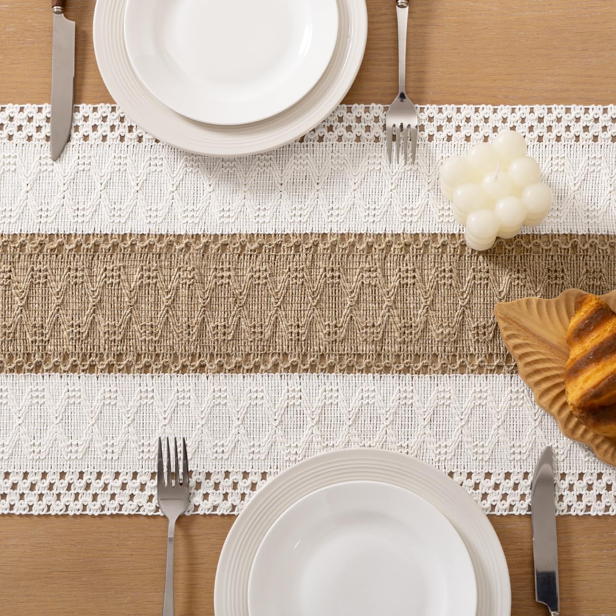 Socomi Boho Table Runner Summer Farmhouse Rustic Dining Kitchen Centerpiece Decor Small Macrame Woven Cotton Linen Coffee Table Runner for Dresser Scarf Home Decor 12x36 inch Beige