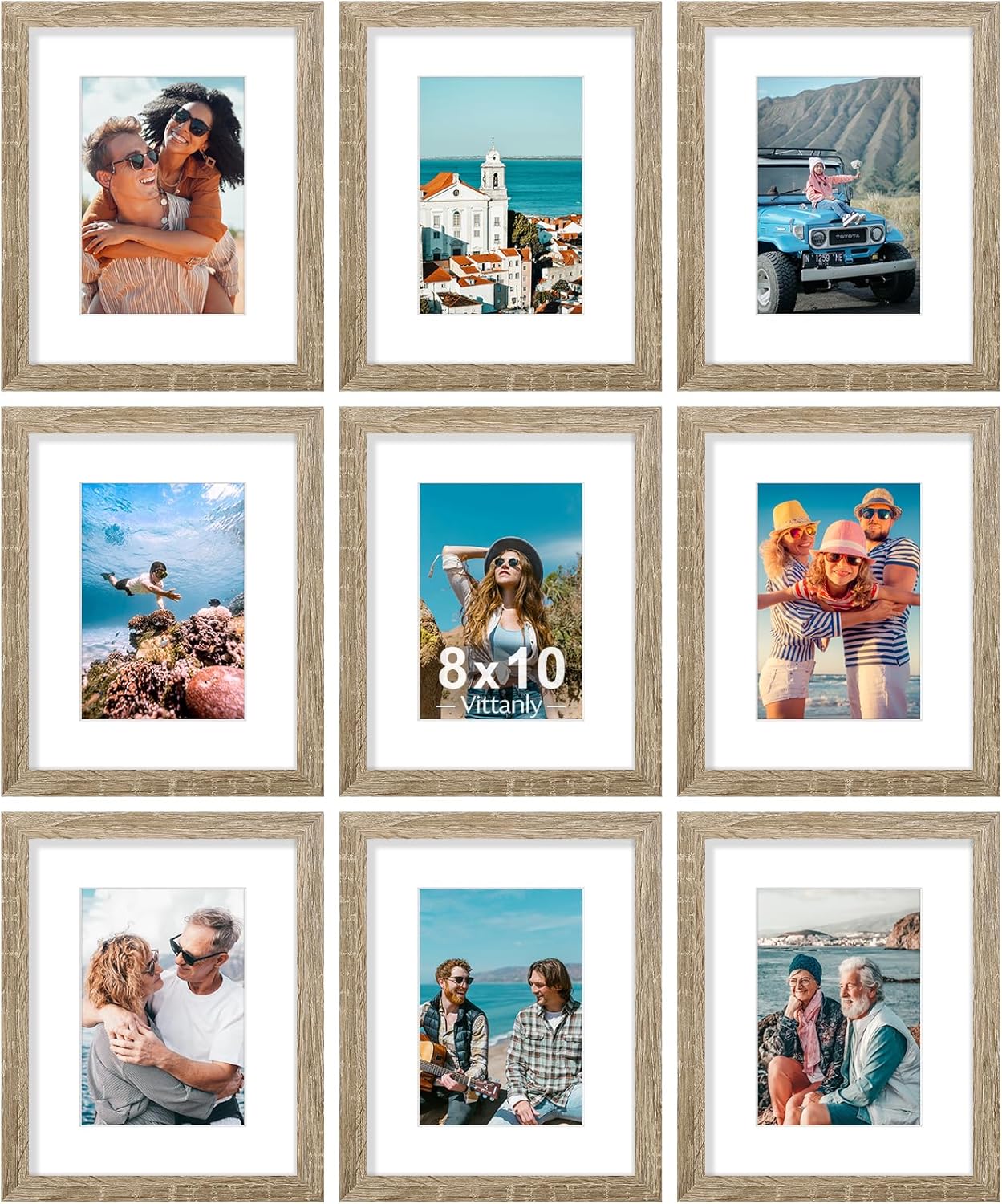 Vittanly 8x10 Picture Frames Set of 9, Shatter Resistant Plexiglass, Display 5x7 Pictures with Mat or 8x10 without Mat, Photo Frames for Wall or Tabletop, Engineered Wood, Black - Colors B