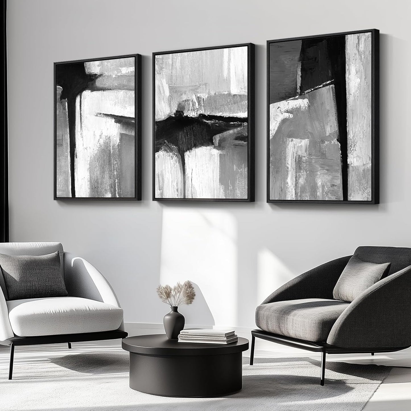 Large Framed Black and White Abstract Wall Art for Living Room, 3 Piece Big Modern Canvas Prints Paintings Artwork for Walls, Minimalist Abstract Art Pictures for Hallway, Office Wall Decor 24x36 In
