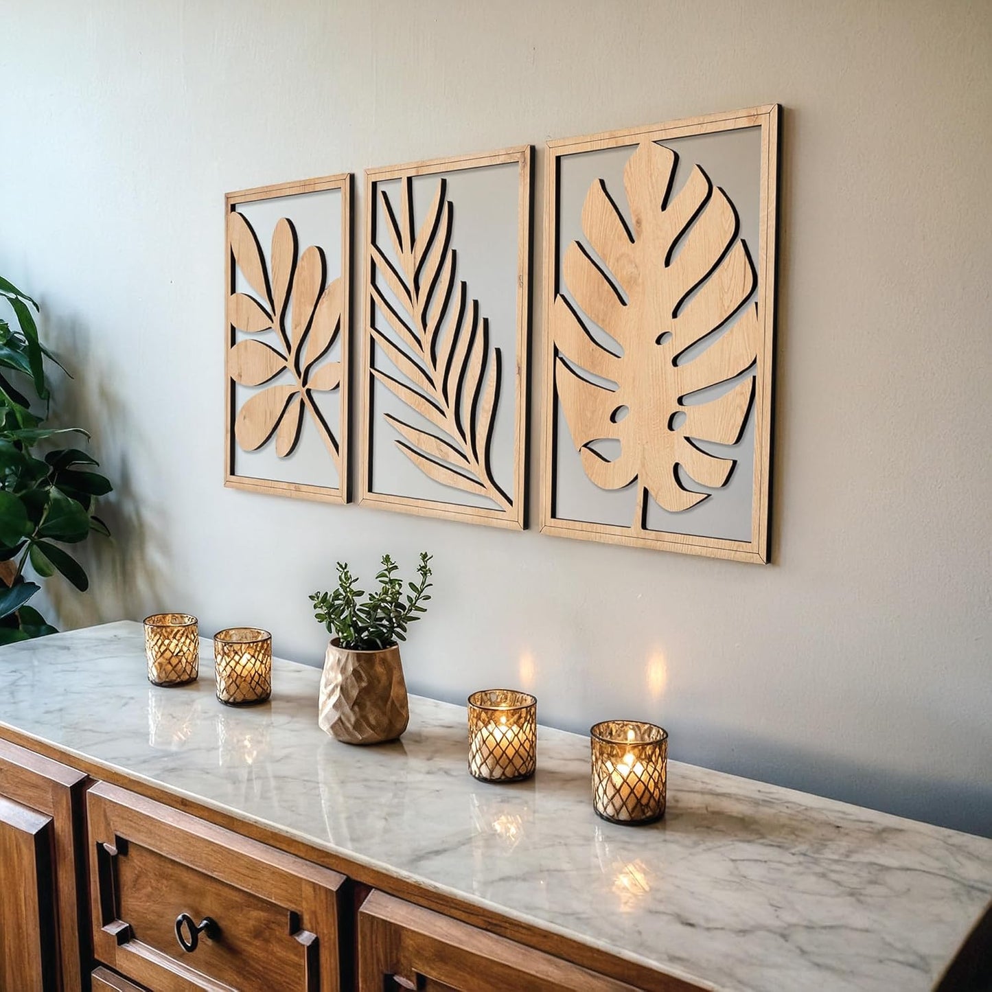 qmmp Modern Wooden Wall Sculptures - Set of 3 - Home Decor Accent - Large Wall Art for Living Room, Bedroom, Office - Easy Installation (Oak, Medium - Mountain and Sun)