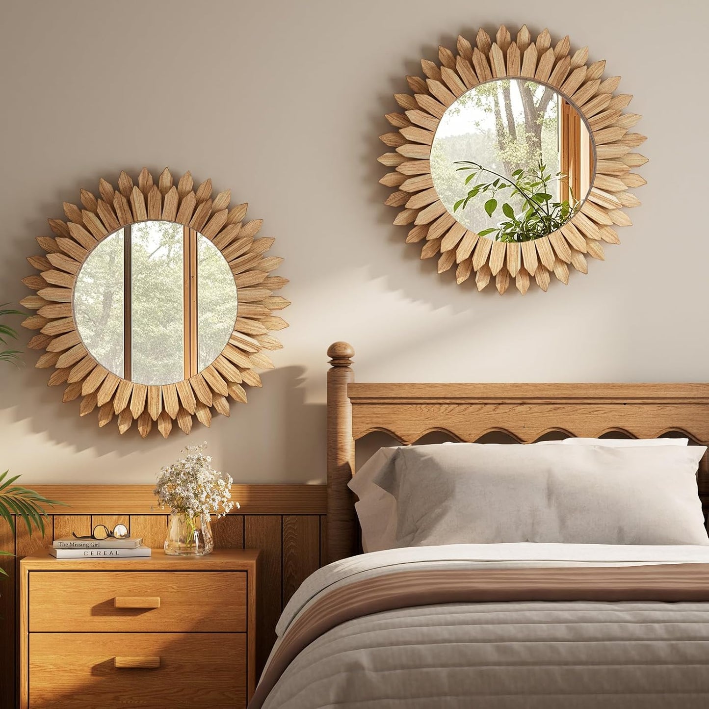 20 Inch Brown Boho Wall Decor Sunburst Mirror - Round Wooden Wall Decor, Handmade Rustic Circular Mirror for Living Room, Bedroom, Entryway, Office
