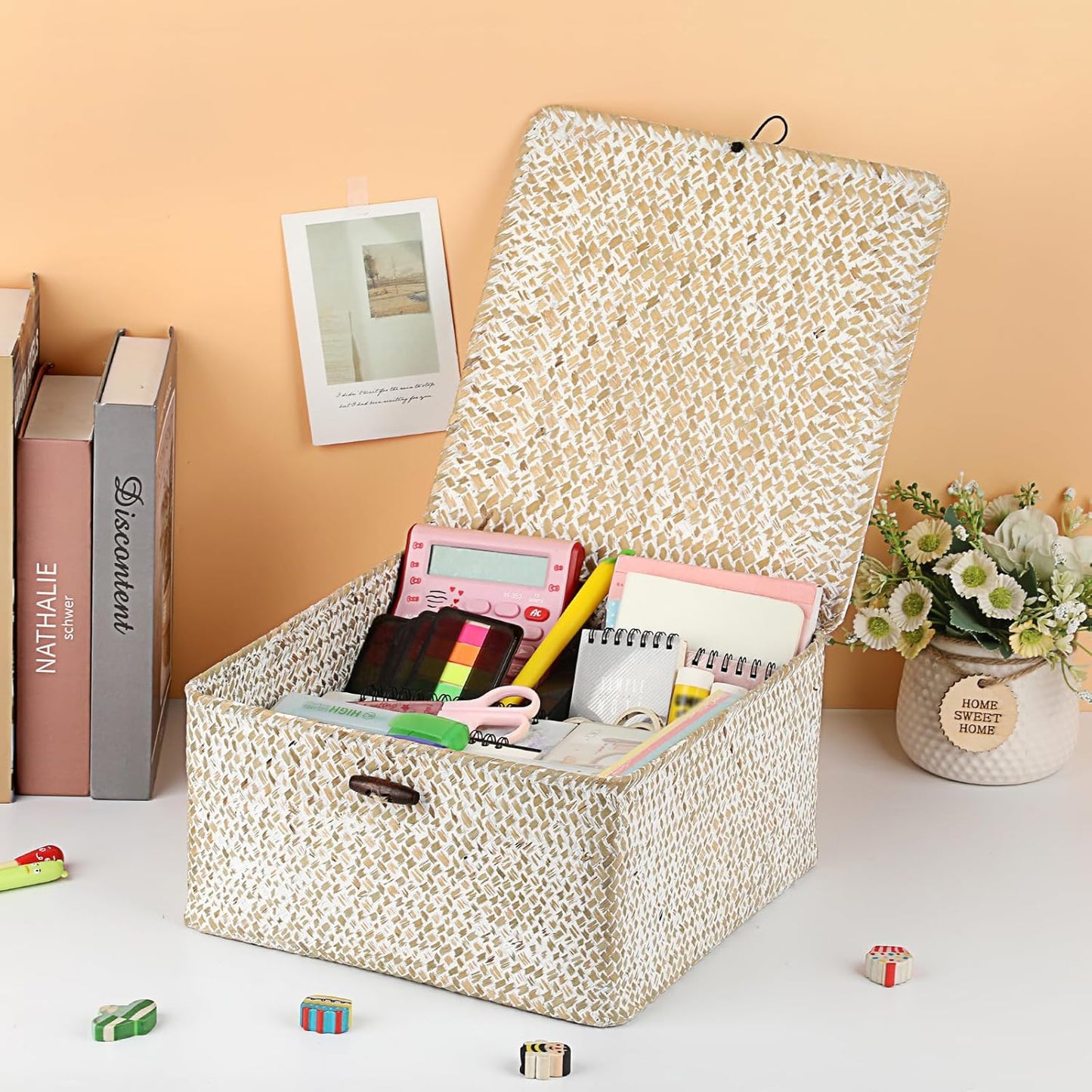 Hipiwe Seagrass Basket with Lid Wicker Storage Basket Square Handwoven Decorative Baskets Box for Shelf Multipurpose Household Baskets Home Decor,X-small