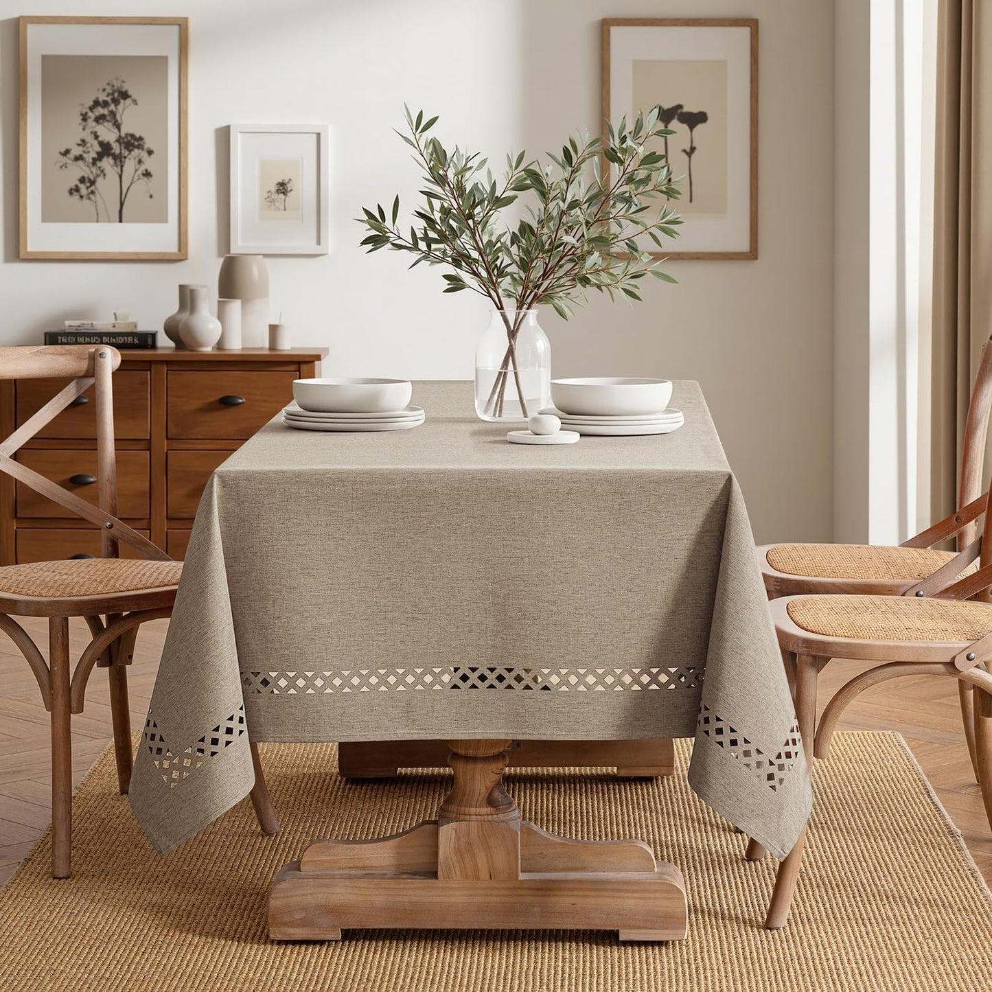 MIULEE Beige Rectangle Linen Polyester Tablecloth with Decorative Cutouts Spring Waterproof Stain Resistant & Shrink-Proof Table Cloth 52x70 inch Farmhouse Style for Dining Wedding and Outdoor
