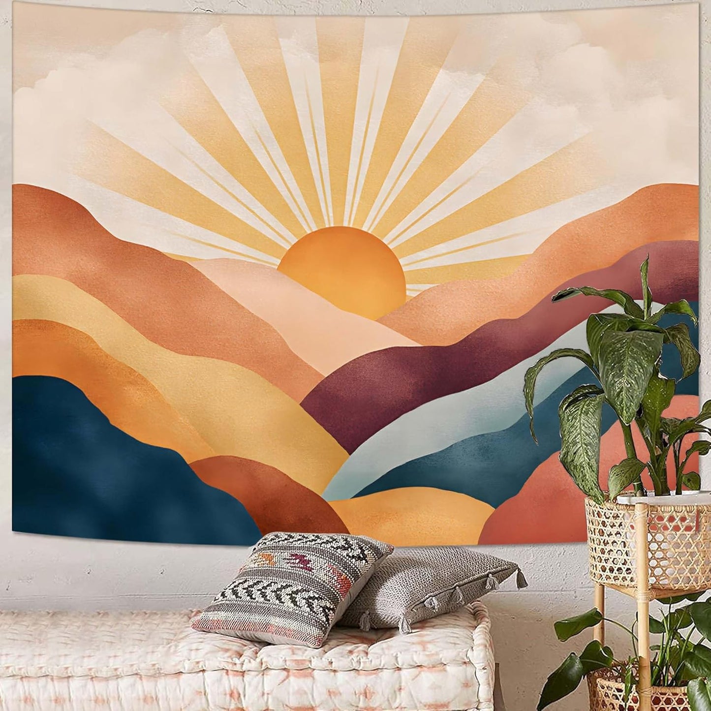 Lunerfex Bohemian Mandala Sunrise Wall Tapestry, Abstract Mountain Scenery Tapestries for Home Decor, Boho Tapestry 48x36 Inch
