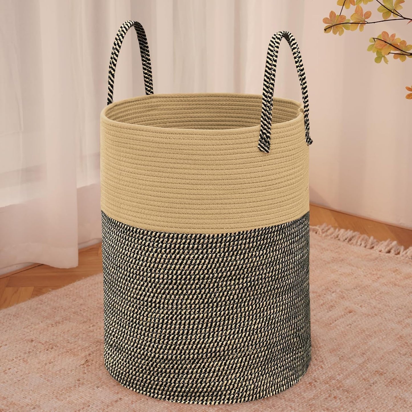 JMvicyroam Large Woven Laundry Basket Hamper,60L Cotton Rope Storage Bin for Blankets,Toys and Clothes,Decorative Tall Nursery Hamper for Living Room,Baby Nursery,Bathroom and Bedroom,Brown