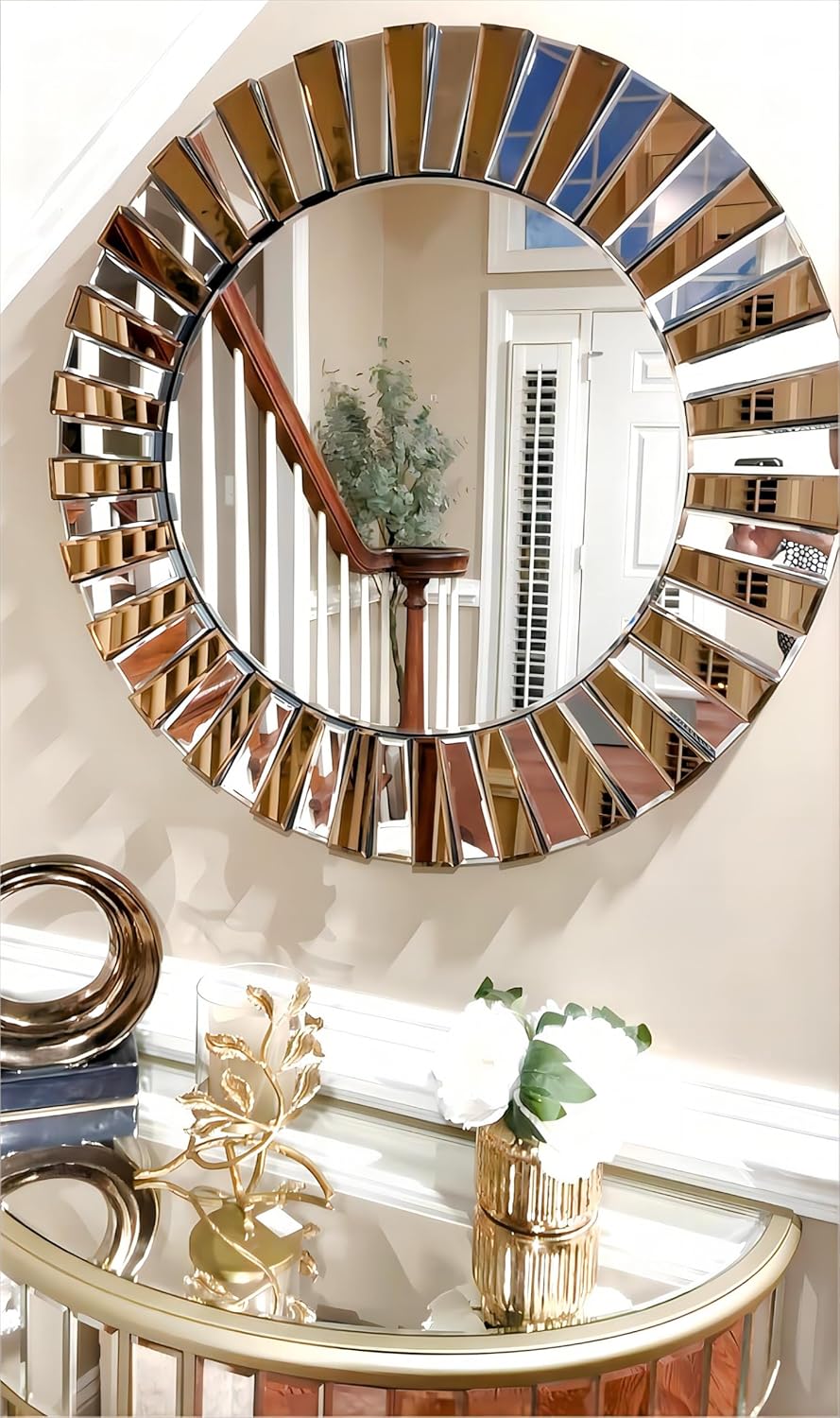 Round Wall Mirror Decorative Sunburst Silver-Brown Crystal Edge 32 inch