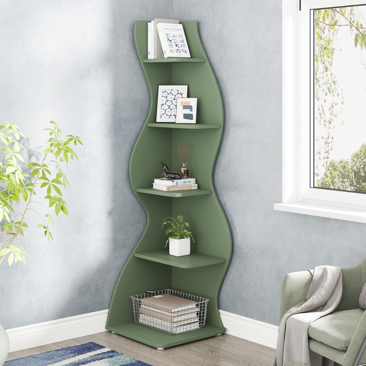 Tribesigns Corner Shelf, Modern 5-Tier Wall Corner Bookshelf, Stylish Corner Small Bookcase Storage Rack Plant Stand with Unique Shape for Living Room, Home Office (White, 1PC)