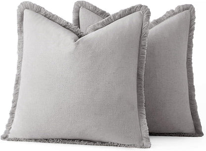 MIULEE Decorative Throw Pillow Covers Neutral Linen Fringe Throw Pillows Set of 2 Natural Beige Boho Farmhouse Cushion Covers with Tassels for Couch Sofa Bed Spring Home Decor 20x20 Inch