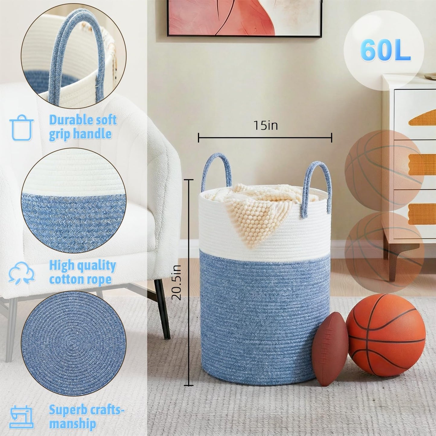Artfeel Laundry Basket,Woven Cotton Rope Laundry Hamper,60L for Decor Storage of Dirty Clothes,Toys and Blankets in Bathroom,Baby Room and Living Room