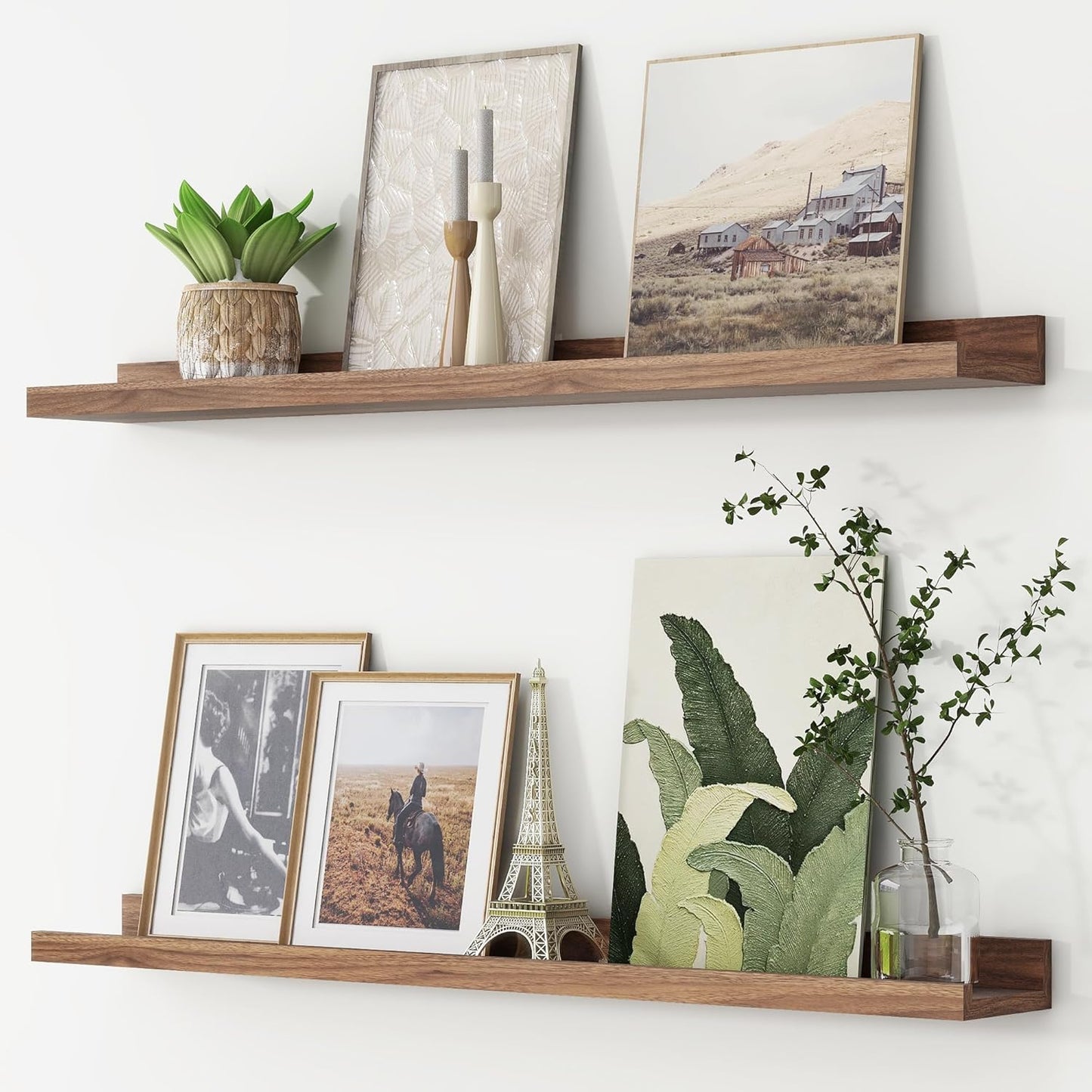 FLYJOE Picture Ledge Shelf, Floating Shelves Set of 2, 48 Inches Long Large Nursery Book Shelves for Toys Storage, Kids Bookshelf Wall Mounted for Living Room Bedroom Decor Books Photo Frames, Walnut
