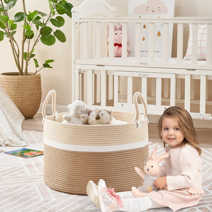 KAKAMAY Large Blanket Basket (20"x13"),Woven Baskets for storage Baby Laundry Hamper, Cotton Rope Blanket Basket for Living Room, Laundry, Nursery, Pillows, Baby Toy chest (White/Brown)
