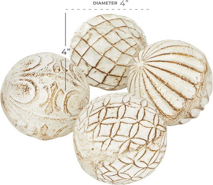 Deco 79 Ceramic Handmade Carved Decorative Ball Orbs & Vase Filler with Varying Patterns, Set of 4 4"W, 4"H, White