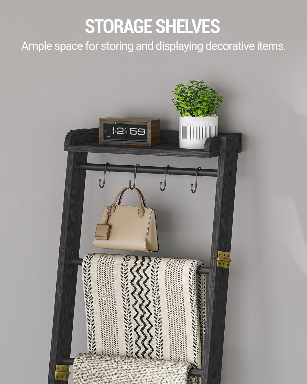 Hzuaneri Blanket Ladder Shelf, Decorative Quilt Rack, 6-Tier Farmhouse Ladder Holder Organizer with 4 Removable Hooks 7.9" D x 17.3" W x 63.4" H, Rustic Brown BR35801B