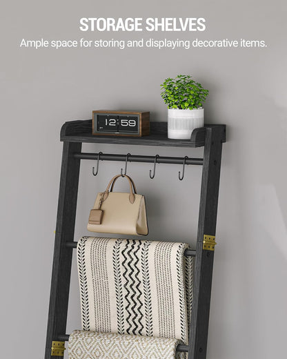 Hzuaneri Blanket Ladder Shelf, Decorative Quilt Rack, 6-Tier Farmhouse Ladder Holder Organizer with 4 Removable Hooks 7.9" D x 17.3" W x 63.4" H, Rustic Brown BR35801B