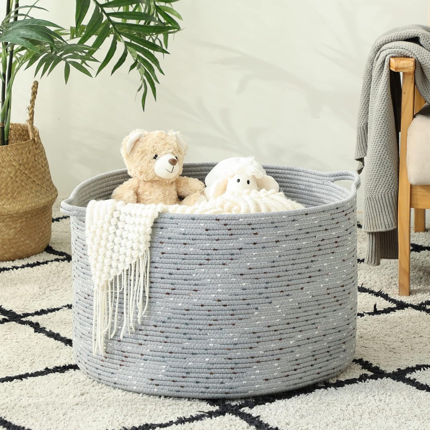 KAKAMAY Large Blanket Basket (20"x13"),Woven Baskets for storage Baby Laundry Hamper, Cotton Rope Blanket Basket for Living Room, Laundry, Nursery, Pillows, Baby Toy chest (White/Brown)