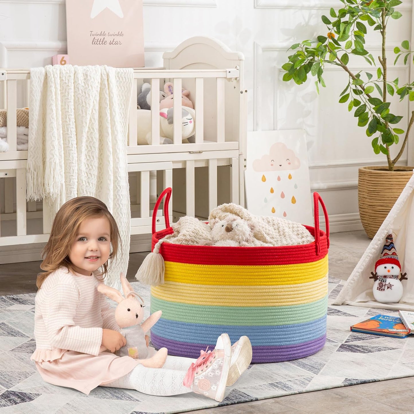 KAKAMAY Large Blanket Basket (20"x13"),Woven Baskets for storage Baby Laundry Hamper, Cotton Rope Blanket Basket for Living Room, Laundry, Nursery, Pillows, Baby Toy chest (White/Brown)
