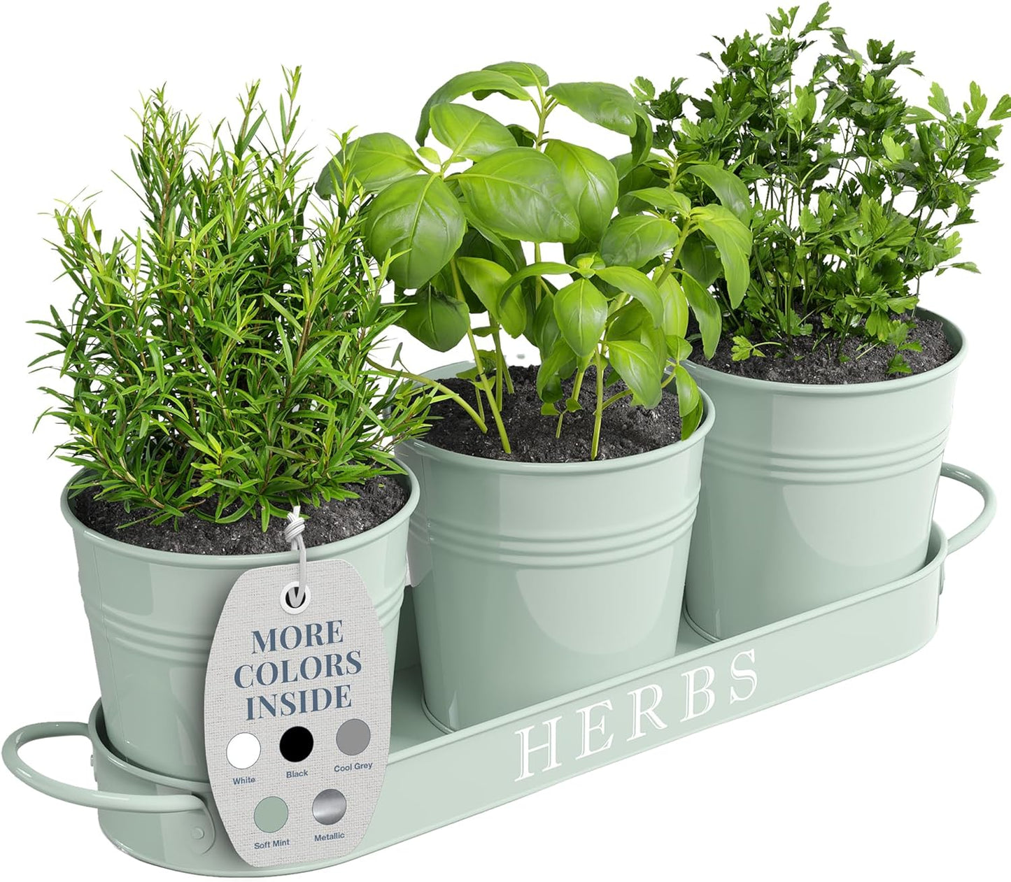 Barnyard Designs Indoor Herb Garden Planter Set with Tray, Metal Windowsill Plant Pots with Drainage for Outdoor or Indoor Plants, Set/3 (White)