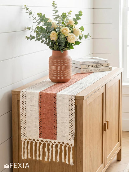 FEXIA Boho Table Runner for Thanksgiving Fall Christmas Home Decor with Tassels 72 Inches Long Pottery barn Furniture Farmhouse Rustic Macrame Burlap Table Decoration for Living Room (12x72 Inches)